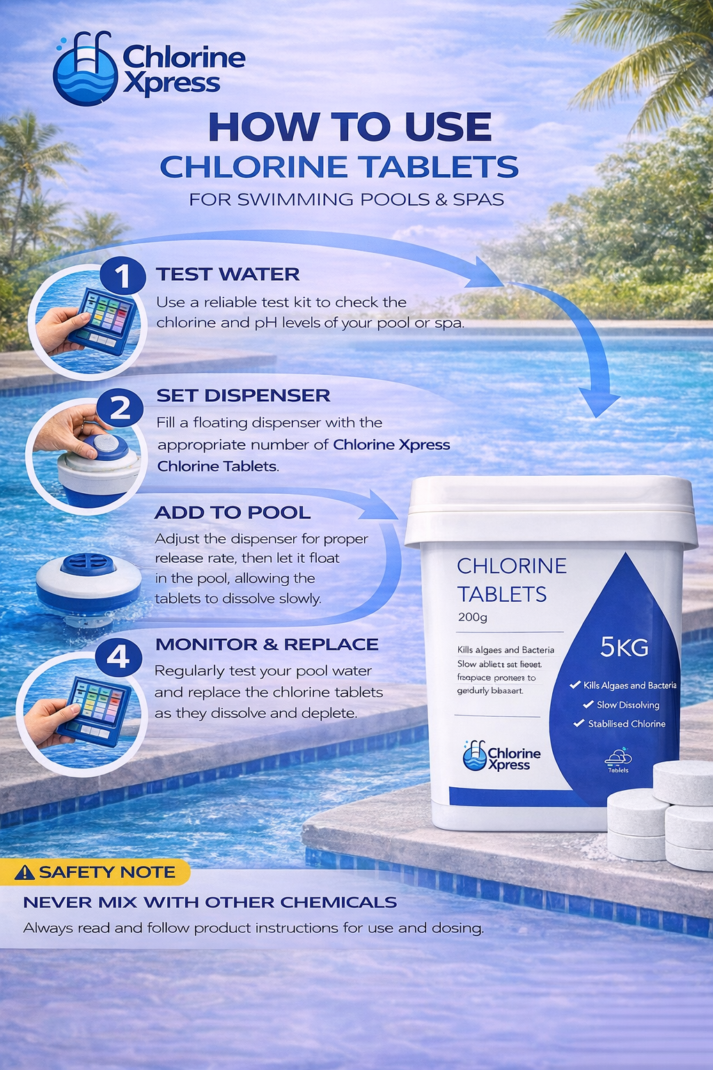 200g Chlorine Tablets 5kg | Slow Dissolving Pool Chlorine | Large Tablets